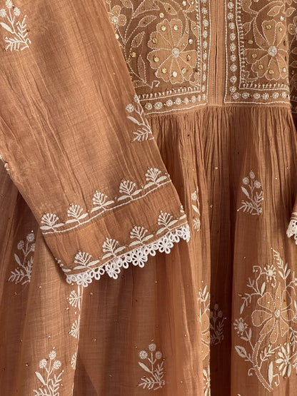 Beige Shade Malmal Tux Chikankari Kamdani Dress Kurta Set