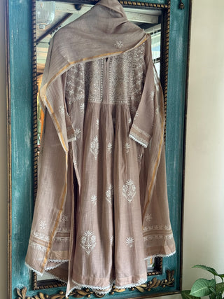 Beige Shade Malmal Tux Chikankari Kamdani Dress Kurta Set