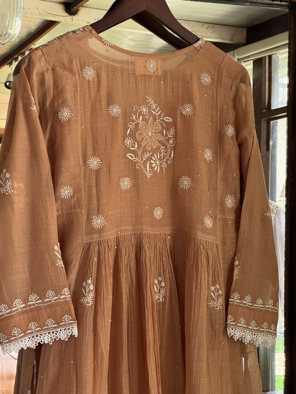 Beige Shade Malmal Tux Chikankari Kamdani Dress Kurta Set