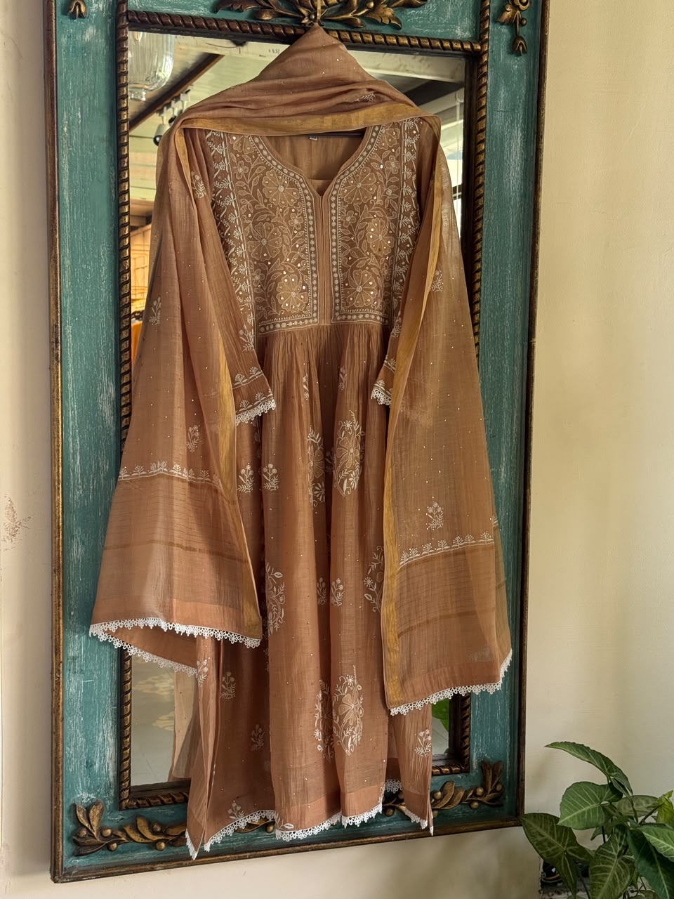 Beige Shade Malmal Tux Chikankari Kamdani Dress Kurta Set