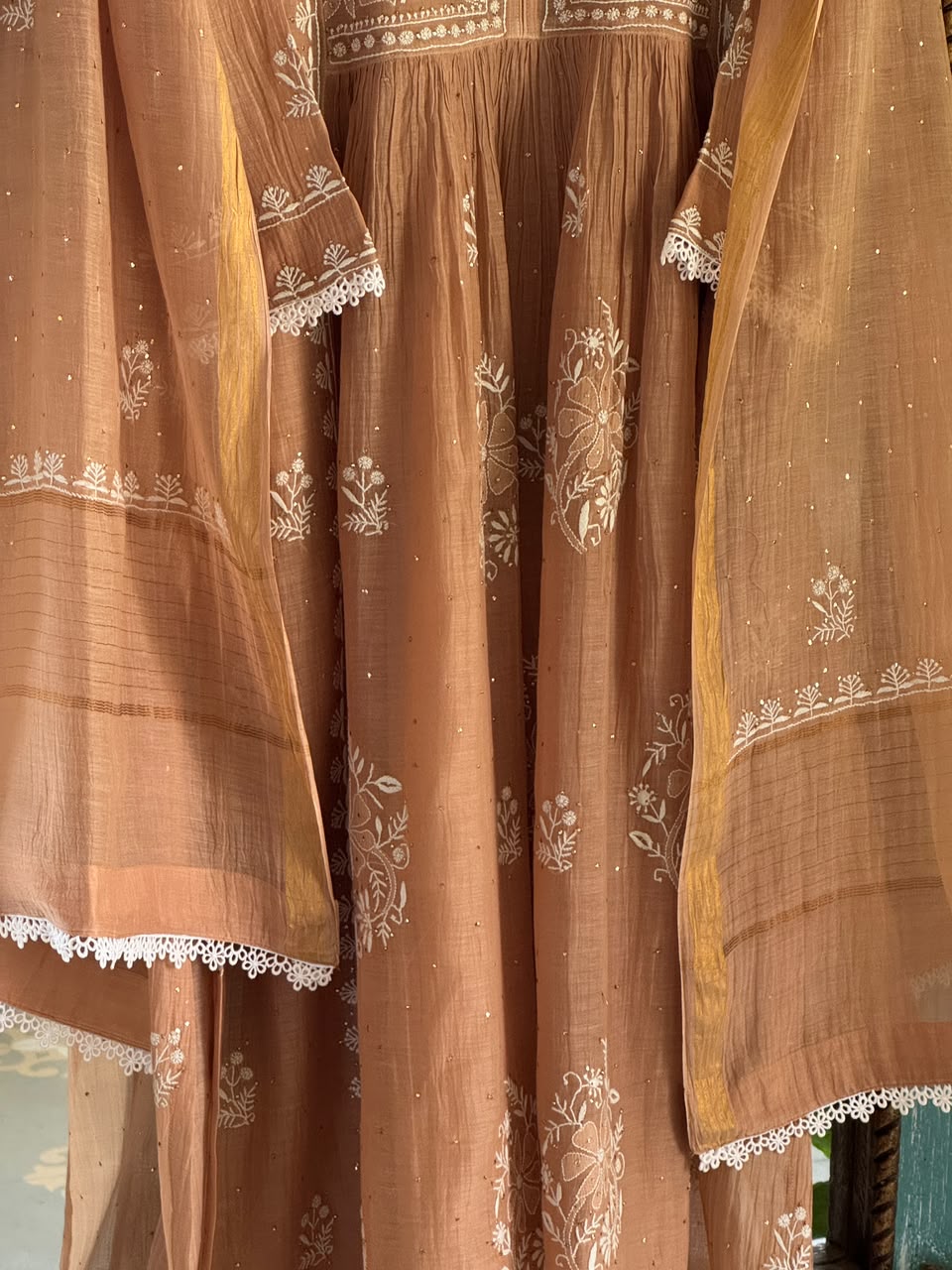 Beige Shade Malmal Tux Chikankari Kamdani Dress Kurta Set