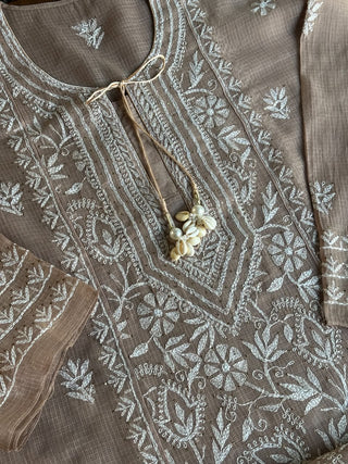 Beige Shade Semi Stitched Kota Tepchi Chikankari Kurta Dupatta Set