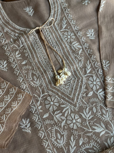 Beige Shade Semi Stitched Kota Tepchi Chikankari Kurta Dupatta Set