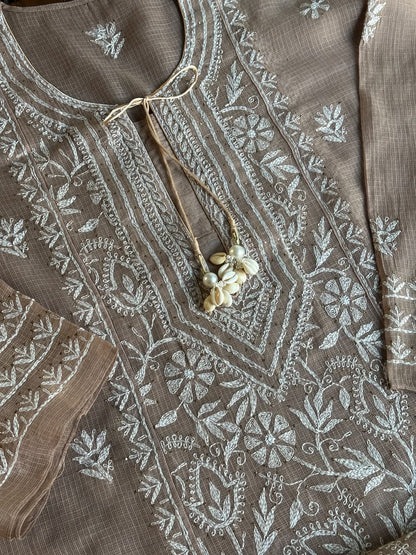 Beige Shade Semi Stitched Kota Tepchi Chikankari Kurta Dupatta Set