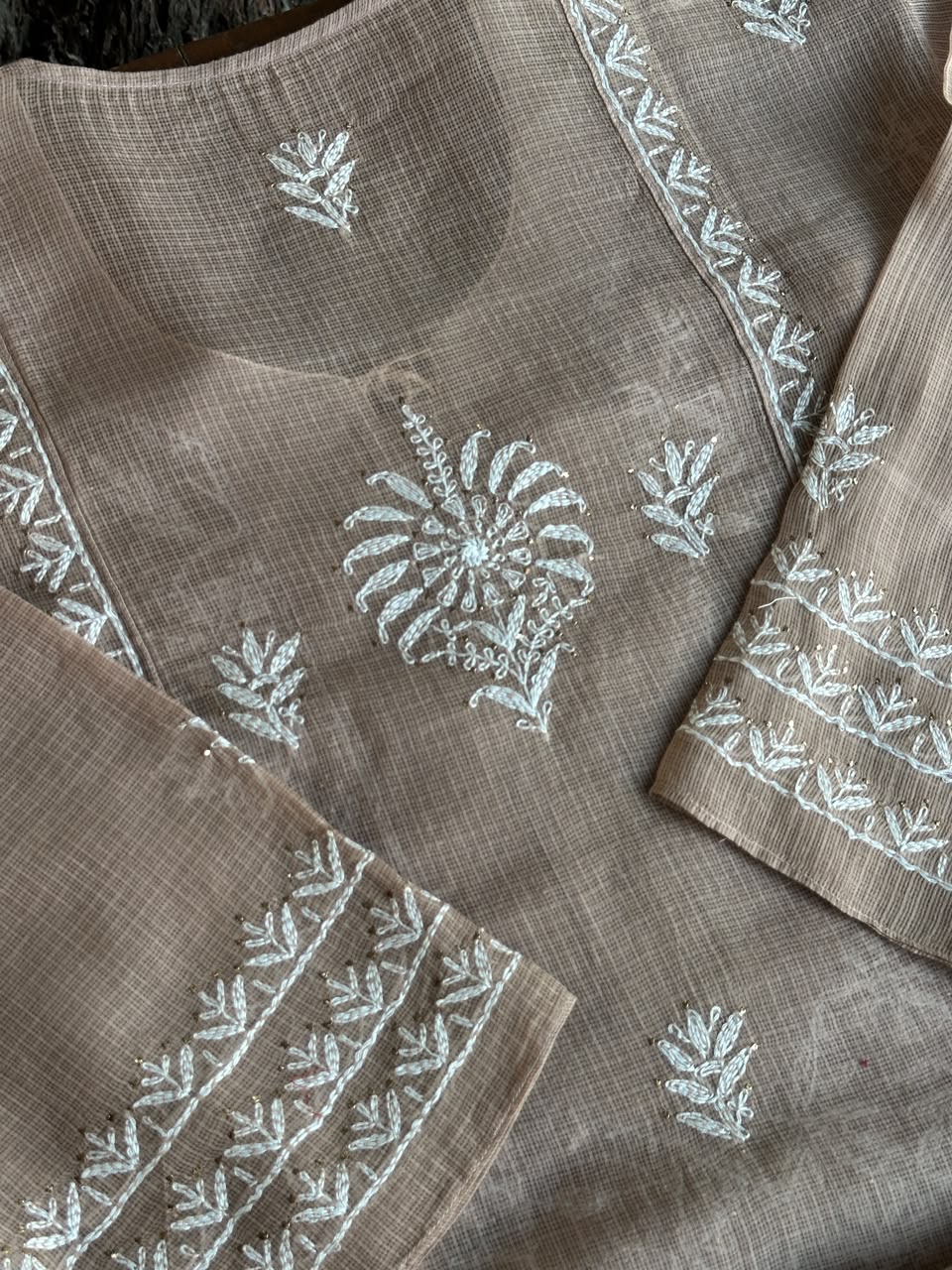 Beige Shade Semi Stitched Kota Tepchi Chikankari Kurta Dupatta Set
