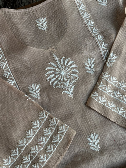 Beige Shade Semi Stitched Kota Tepchi Chikankari Kurta Dupatta Set