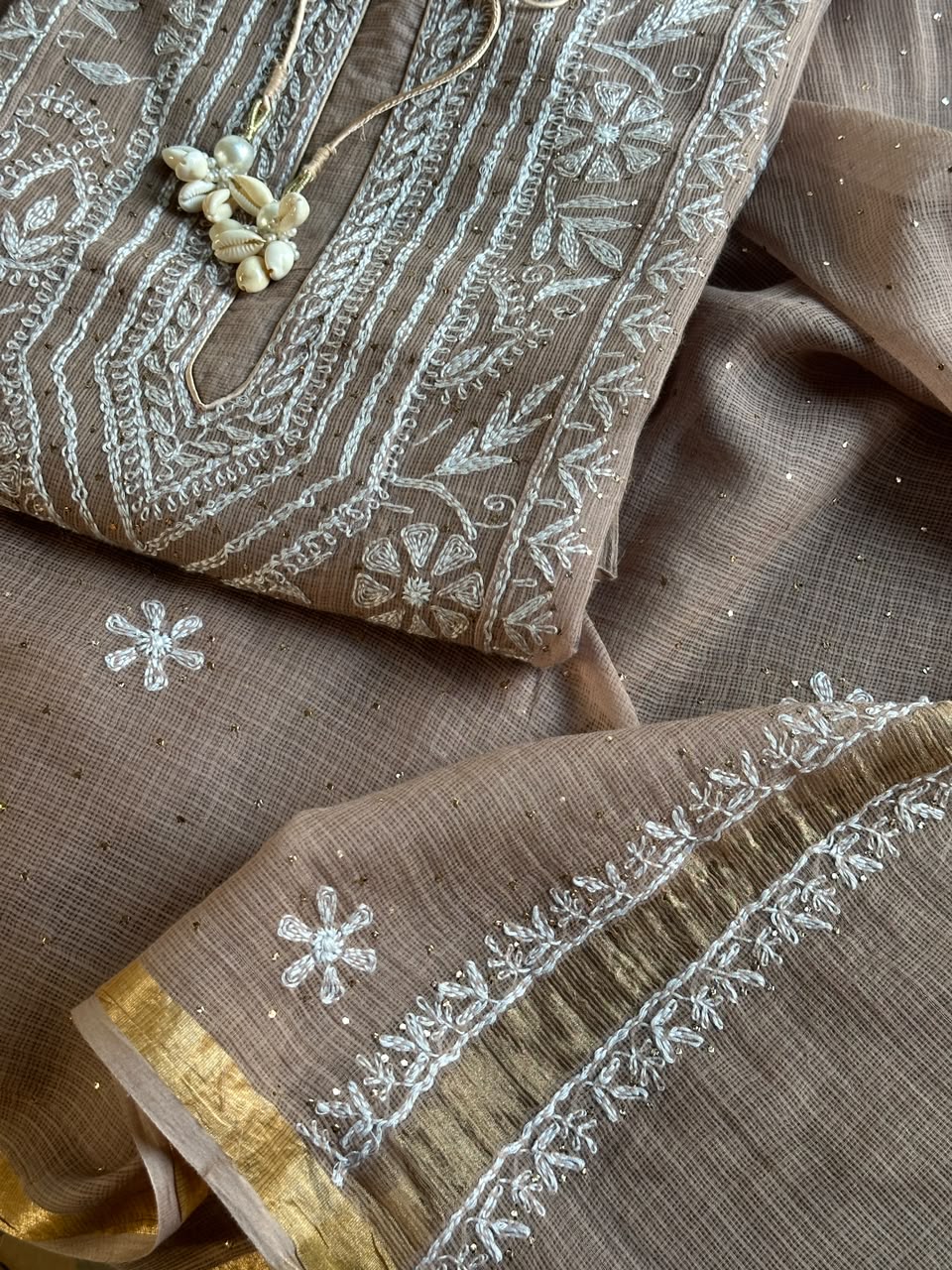 Beige Shade Semi Stitched Kota Tepchi Chikankari Kurta Dupatta Set