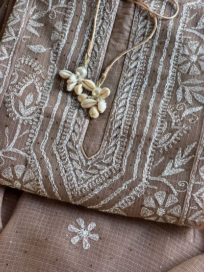 Beige Shade Semi Stitched Kota Tepchi Chikankari Kurta Dupatta Set