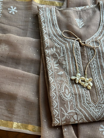 Beige Shade Semi Stitched Kota Tepchi Chikankari Kurta Dupatta Set