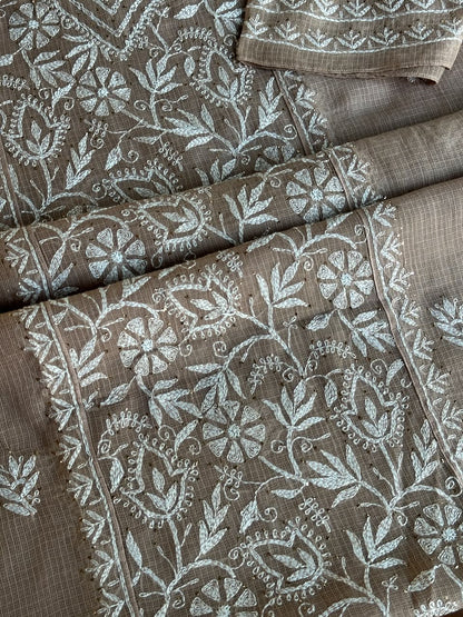 Beige Shade Semi Stitched Kota Tepchi Chikankari Kurta Dupatta Set