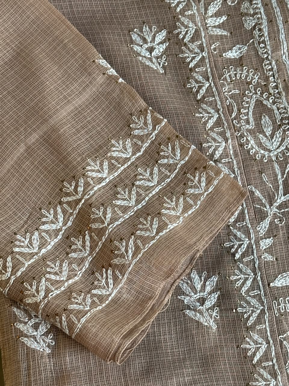 Beige Shade Semi Stitched Kota Tepchi Chikankari Kurta Dupatta Set
