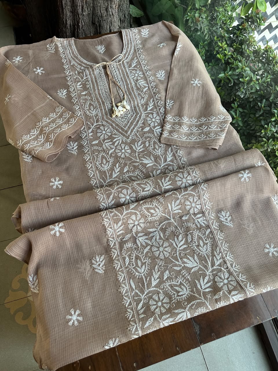 Beige Shade Semi Stitched Kota Tepchi Chikankari Kurta Dupatta Set