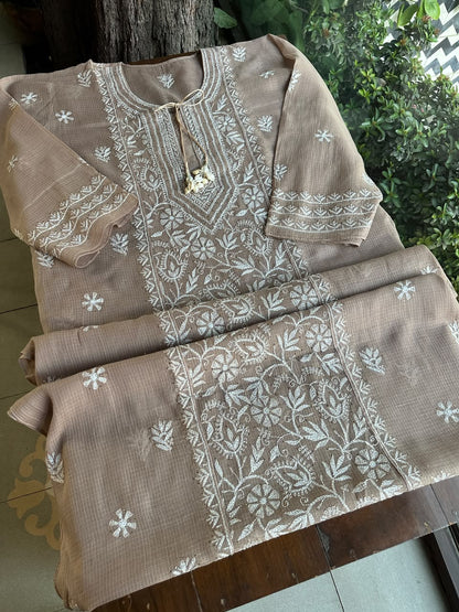 Beige Shade Semi Stitched Kota Tepchi Chikankari Kurta Dupatta Set