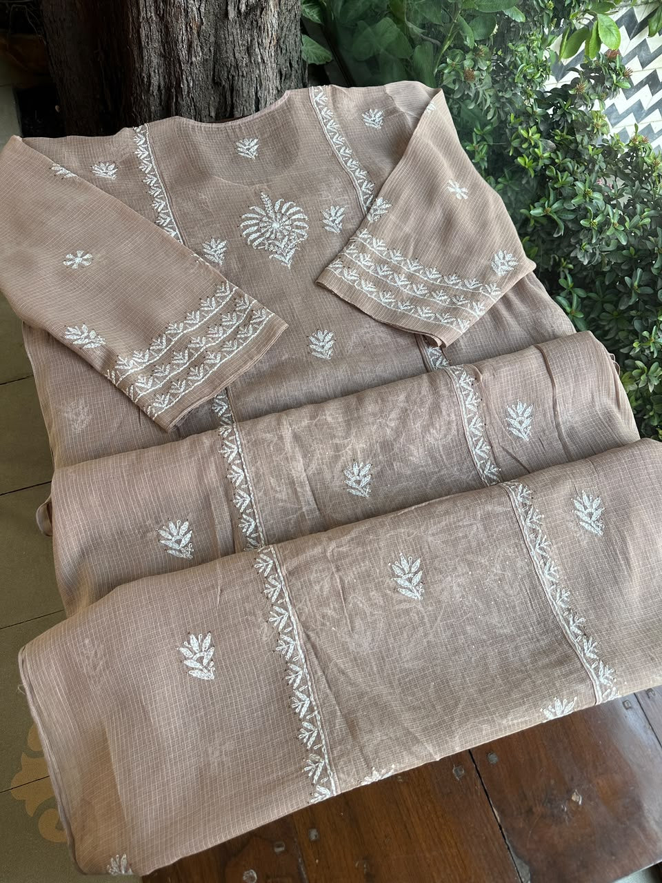 Beige Shade Semi Stitched Kota Tepchi Chikankari Kurta Dupatta Set