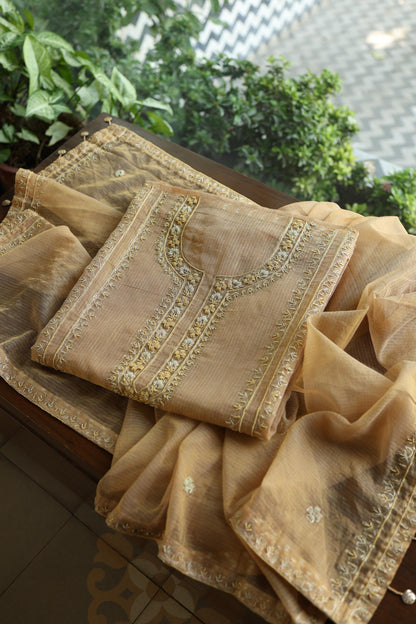 Beige Shade Shade Shade Tissue Kota Chikankari Unstitched Fabric