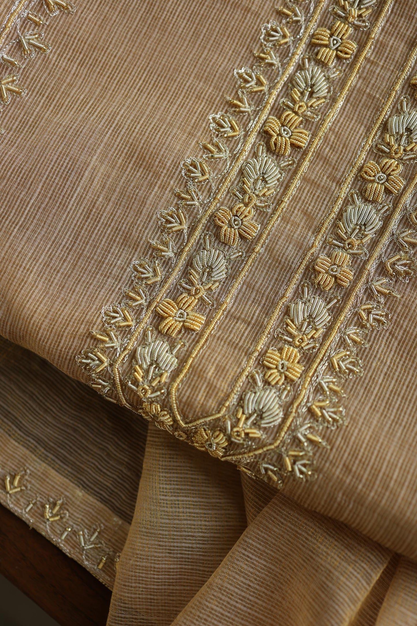 Beige Shade Shade Shade Tissue Kota Chikankari Unstitched Fabric
