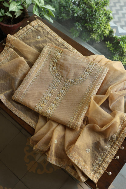 Beige Shade Shade Shade Tissue Kota Chikankari Unstitched Fabric