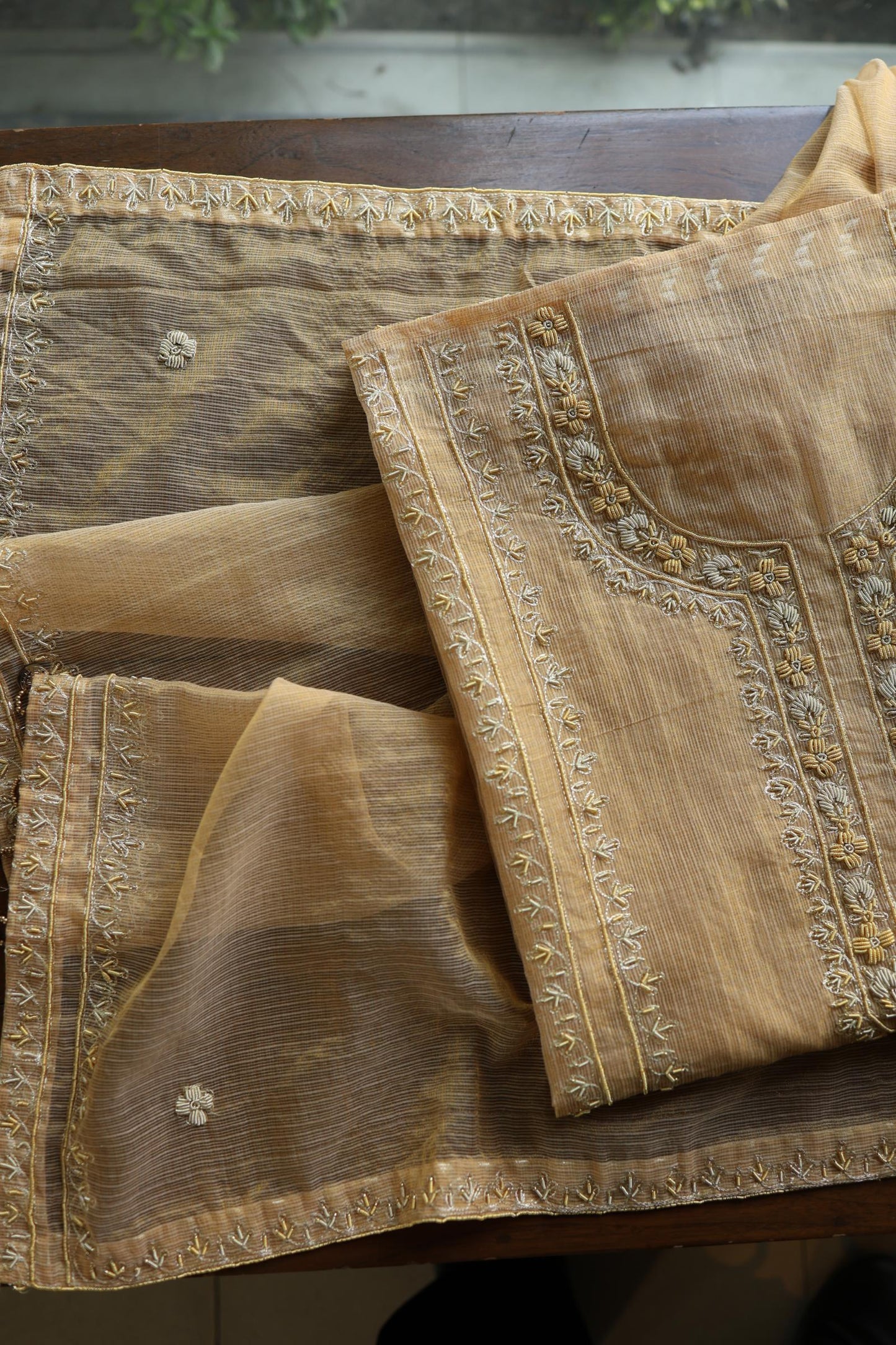 Beige Shade Shade Shade Tissue Kota Chikankari Unstitched Fabric