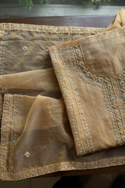 Beige Shade Shade Shade Tissue Kota Chikankari Unstitched Fabric