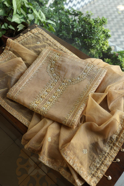 Beige Shade Shade Shade Tissue Kota Chikankari Unstitched Fabric