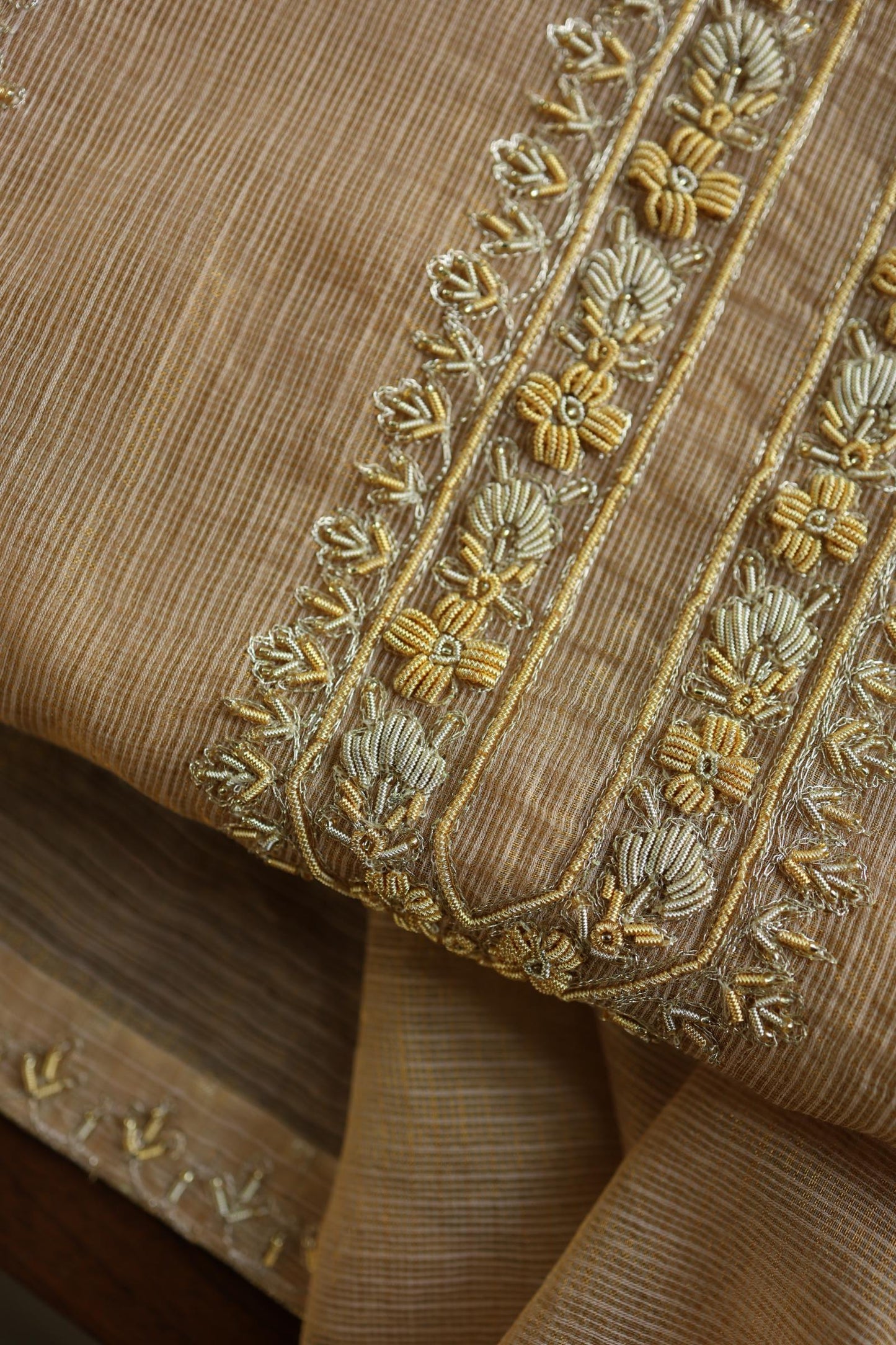 Beige Shade Shade Shade Tissue Kota Chikankari Unstitched Fabric