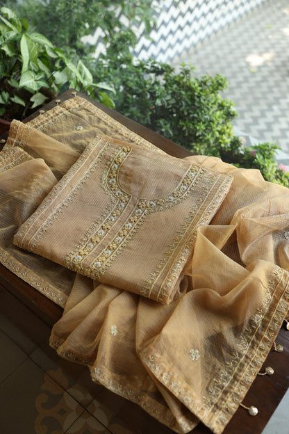 Beige Shade Shade Shade Tissue Kota Chikankari Unstitched Fabric