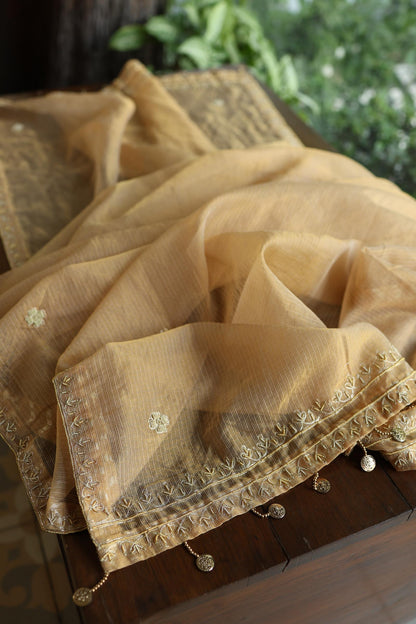 Beige Shade Shade Shade Tissue Kota Chikankari Unstitched Fabric