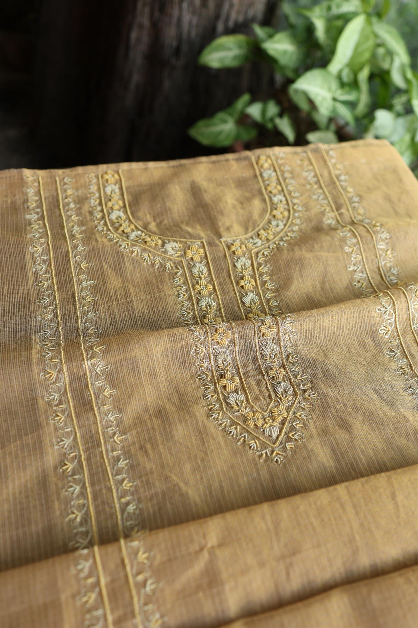 Beige Shade Shade Shade Tissue Kota Chikankari Unstitched Fabric