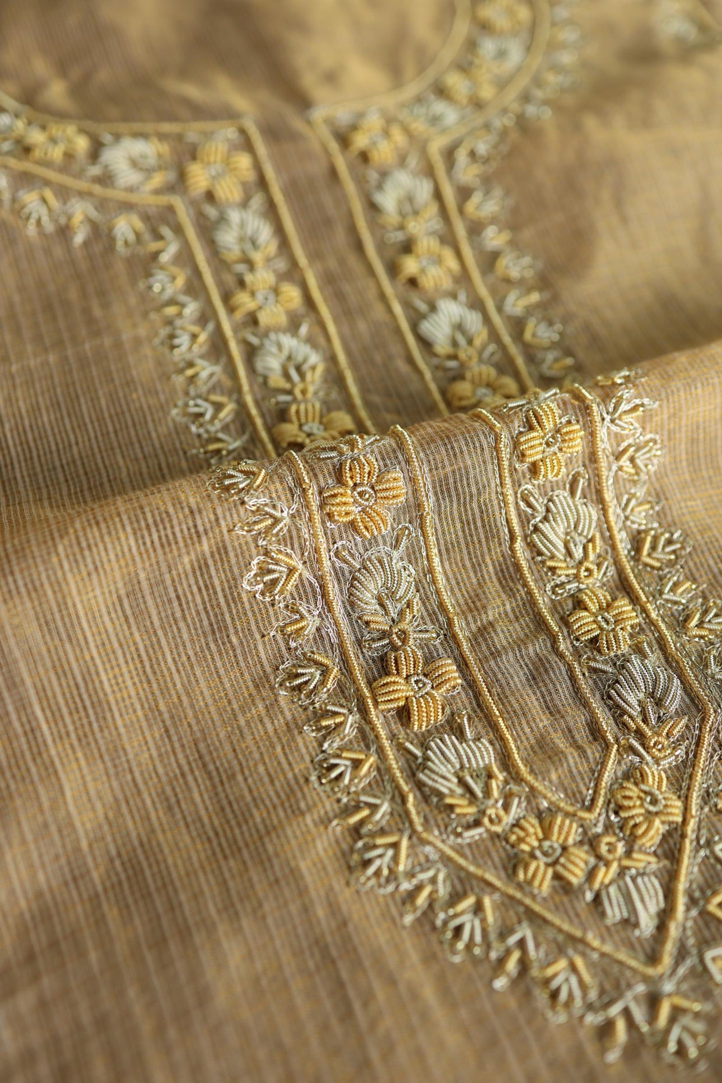 Beige Shade Shade Shade Tissue Kota Chikankari Unstitched Fabric