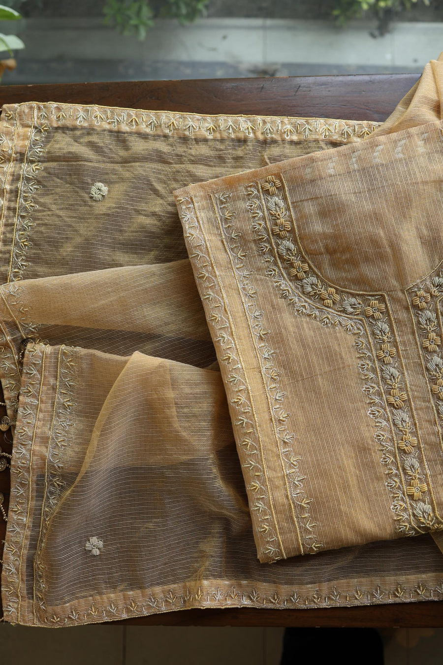 Beige Shade Shade Shade Tissue Kota Chikankari Unstitched Fabric
