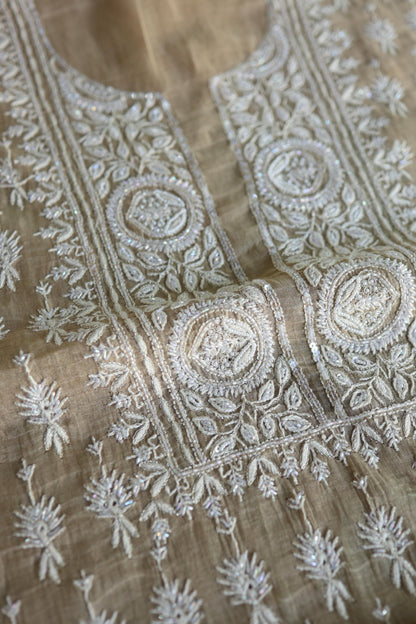 Beige Shade Silver Tissue Silk Chikankari Unstitched Fabric