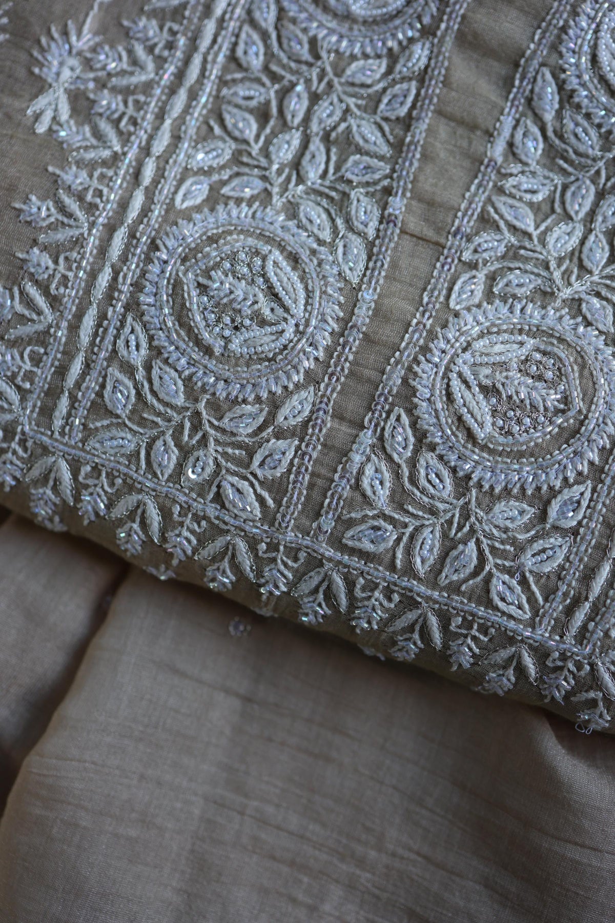 Beige Shade Silver Tissue Silk Chikankari Unstitched Fabric