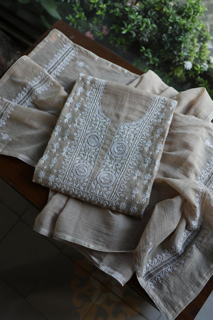 Beige Shade Silver Tissue Silk Chikankari Unstitched Fabric