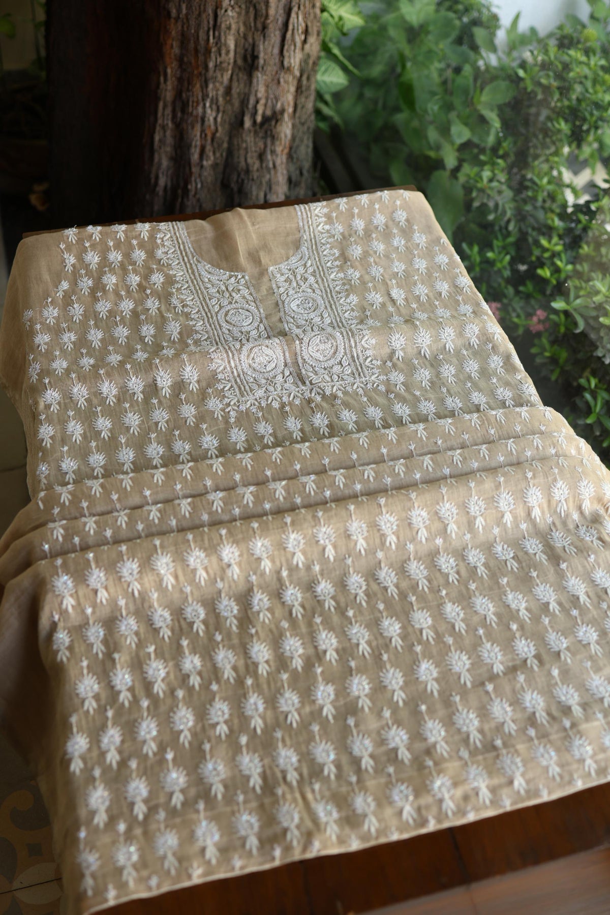 Beige Shade Silver Tissue Silk Chikankari Unstitched Fabric