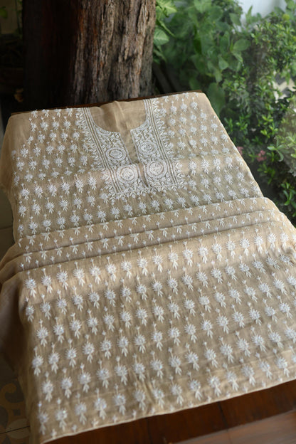 Beige Shade Silver Tissue Silk Chikankari Unstitched Fabric