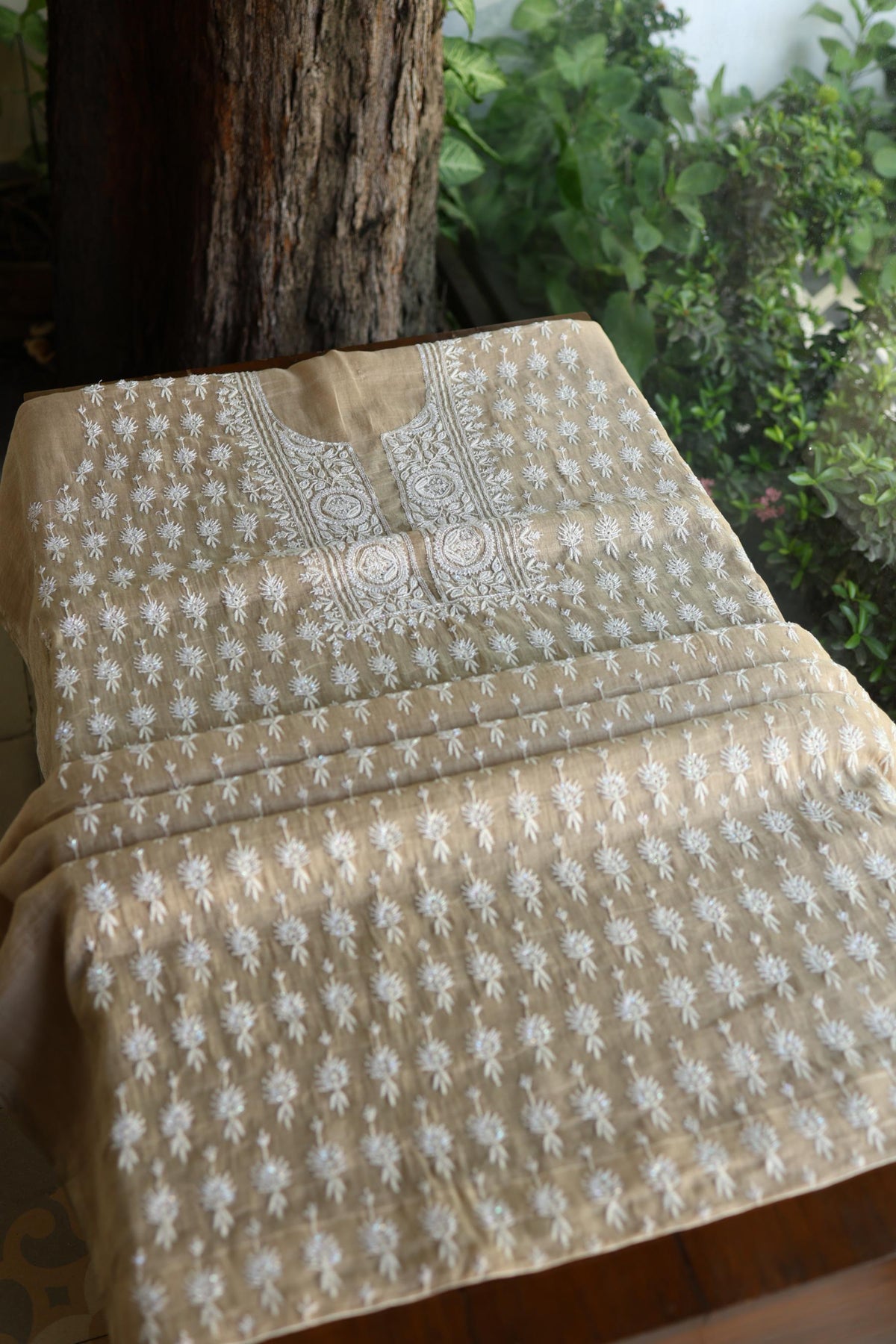Beige Shade Silver Tissue Silk Chikankari Unstitched Fabric