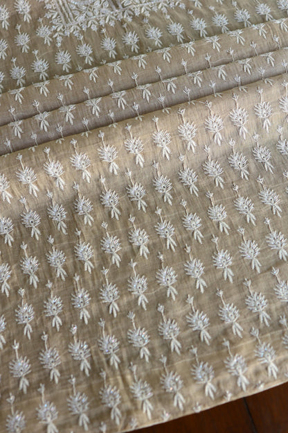 Beige Shade Silver Tissue Silk Chikankari Unstitched Fabric