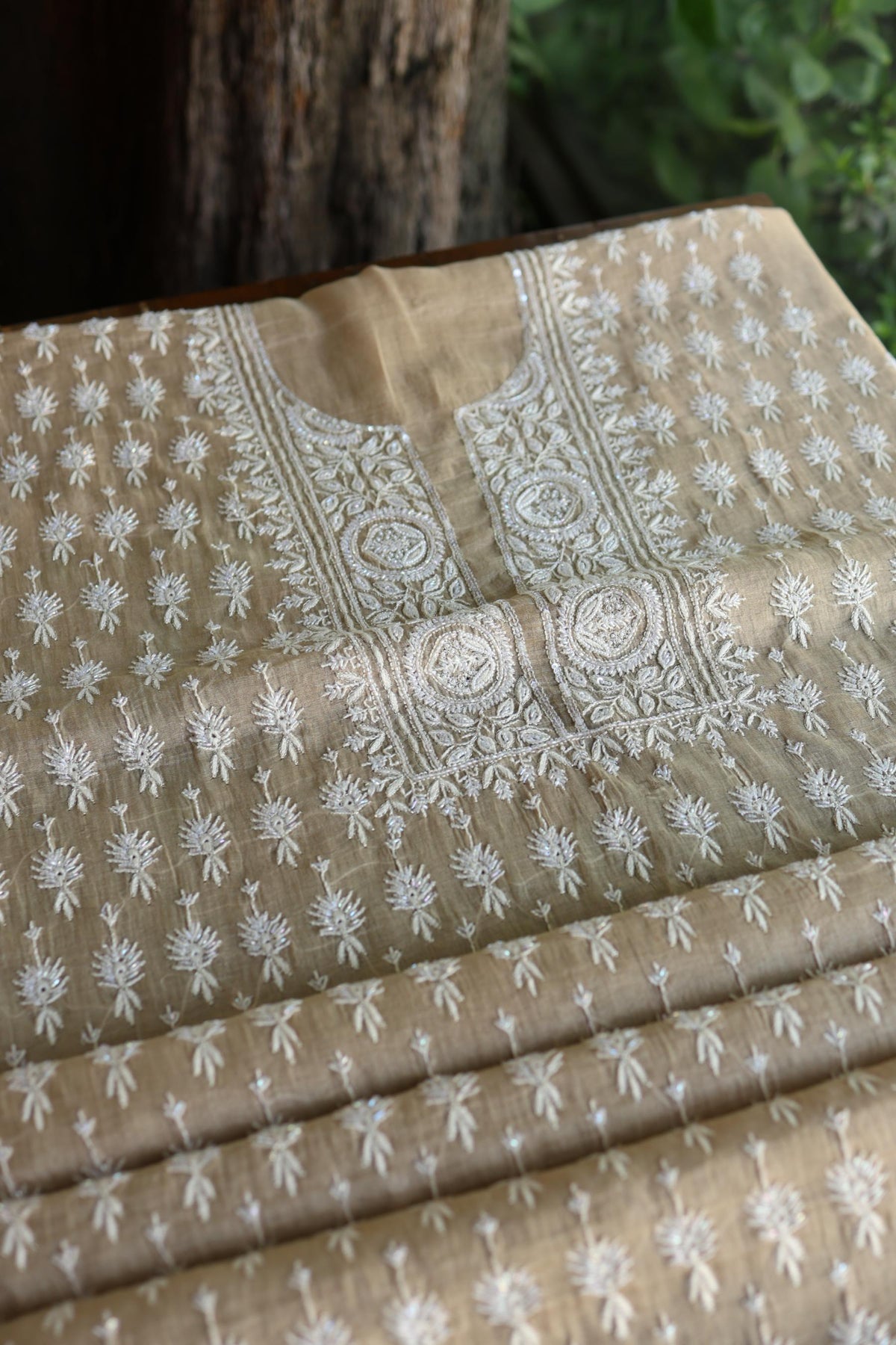 Beige Shade Silver Tissue Silk Chikankari Unstitched Fabric