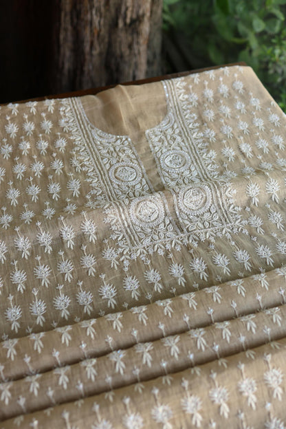 Beige Shade Silver Tissue Silk Chikankari Unstitched Fabric