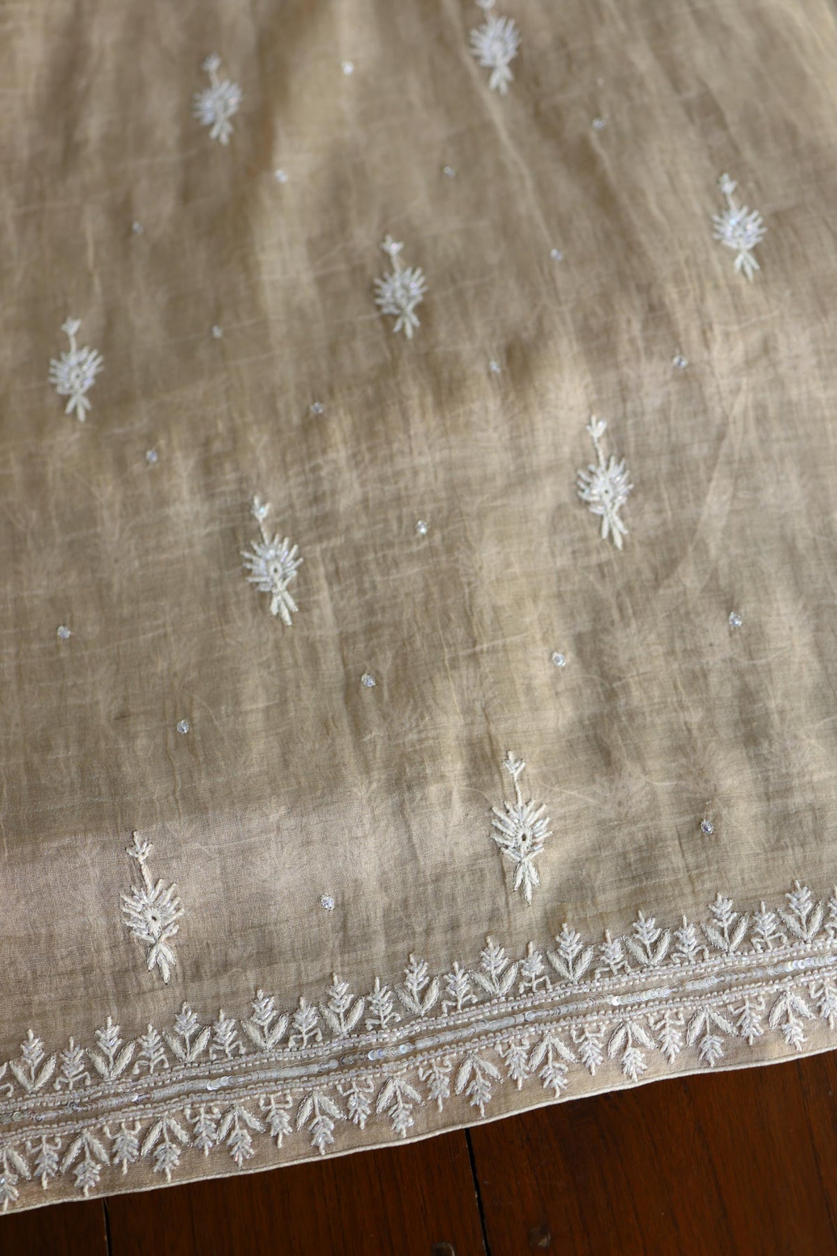 Beige Shade Silver Tissue Silk Chikankari Unstitched Fabric