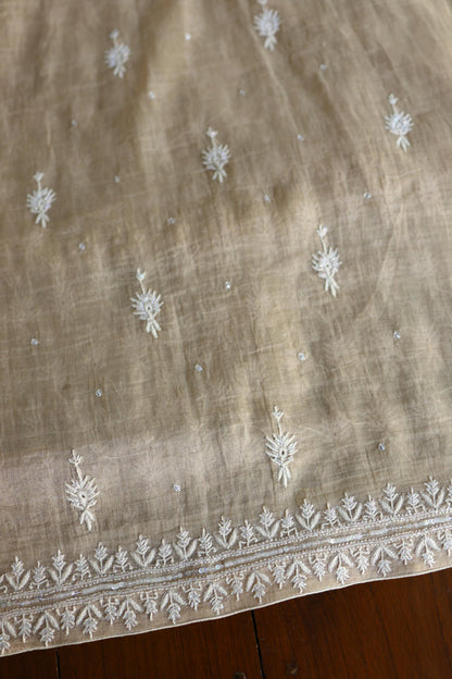 Beige Shade Silver Tissue Silk Chikankari Unstitched Fabric