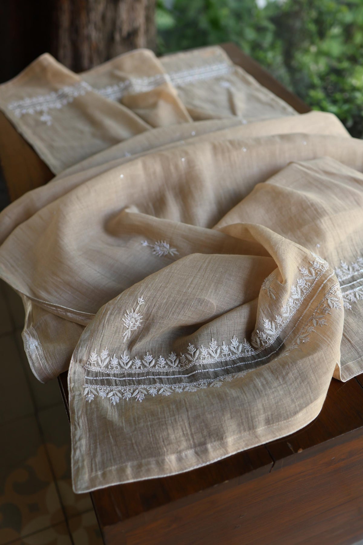 Beige Shade Silver Tissue Silk Chikankari Unstitched Fabric
