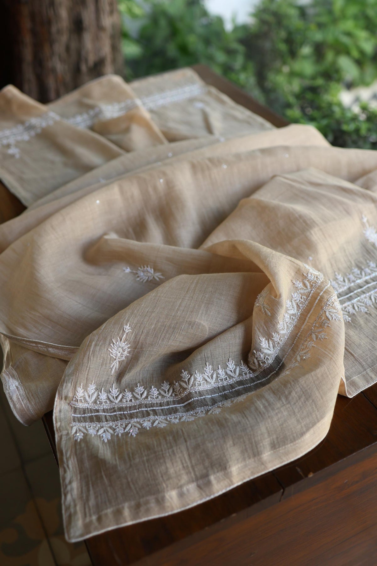 Beige Shade Silver Tissue Silk Chikankari Unstitched Fabric