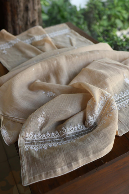 Beige Shade Silver Tissue Silk Chikankari Unstitched Fabric