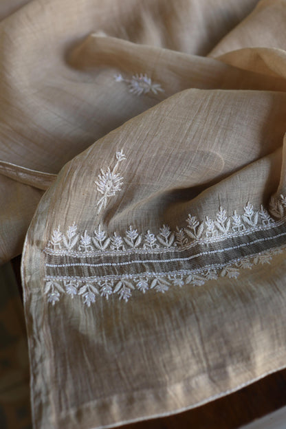 Beige Shade Silver Tissue Silk Chikankari Unstitched Fabric
