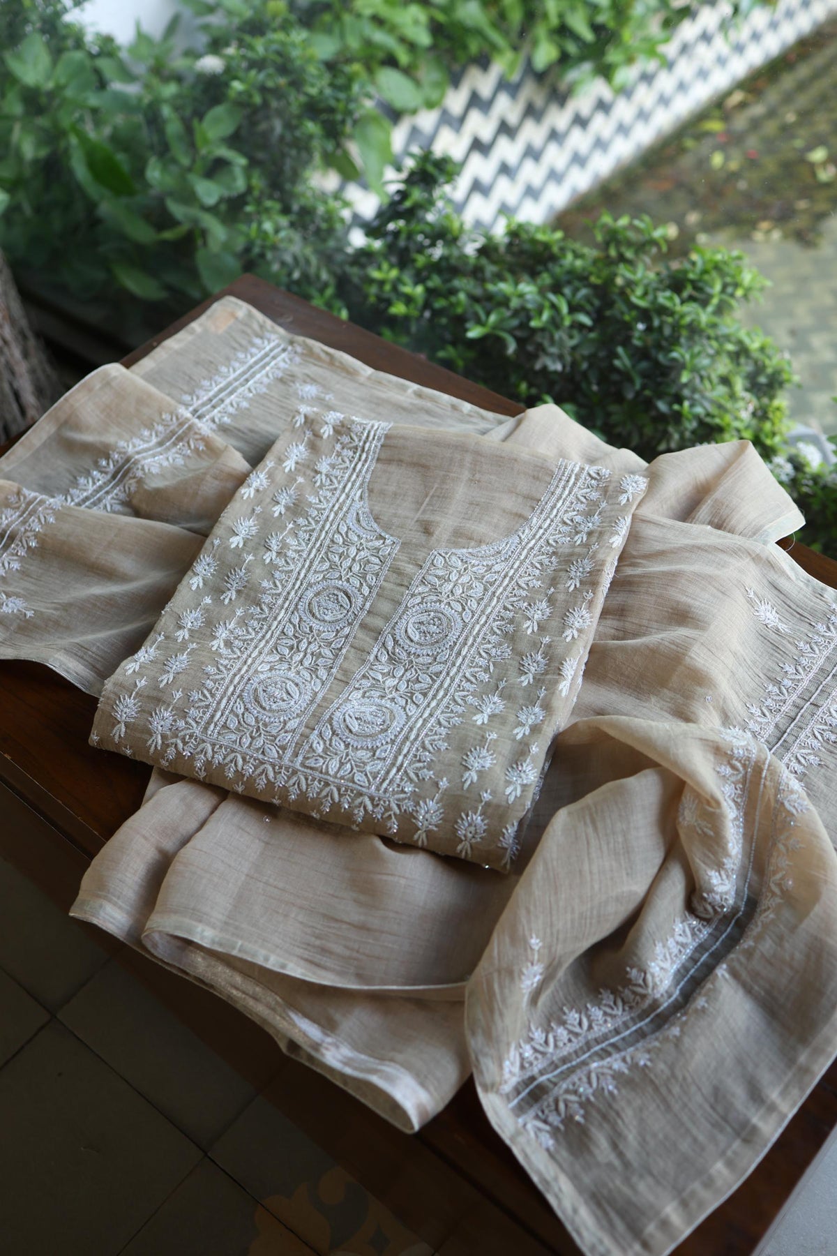 Beige Shade Silver Tissue Silk Chikankari Unstitched Fabric