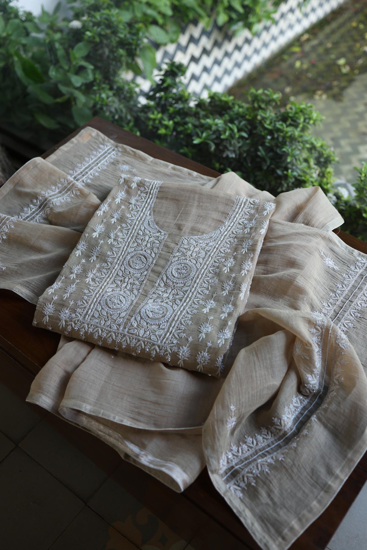 Beige Shade Silver Tissue Silk Chikankari Unstitched Fabric