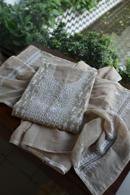 Beige Shade Silver Tissue Silk Chikankari Unstitched Fabric