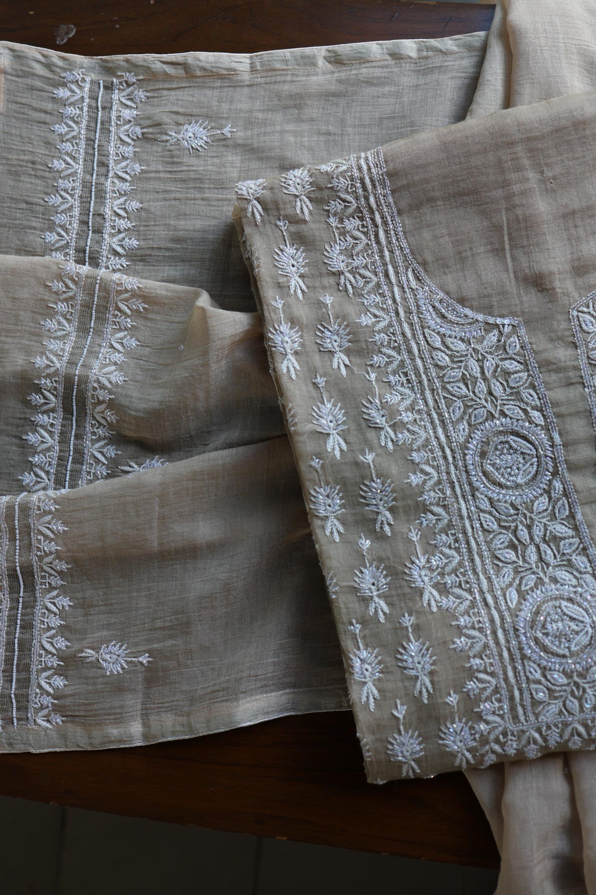 Beige Shade Silver Tissue Silk Chikankari Unstitched Fabric