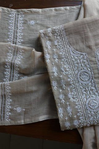 Beige Shade Silver Tissue Silk Chikankari Unstitched Fabric